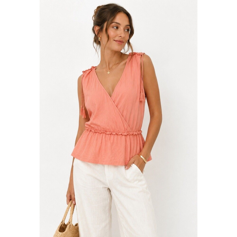 Lauren Ralph Lauren Sleeveless Surplice Tassel Top Pink Cotton Peplum Large NWT
